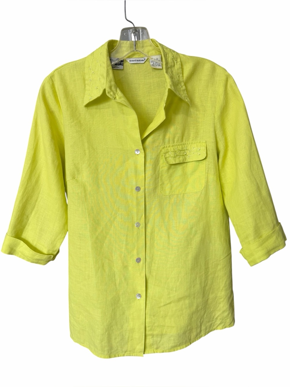 Richard Malcolm 100% Irish Linen Bright Lime Green Button Down Blouse Shirt Sz M